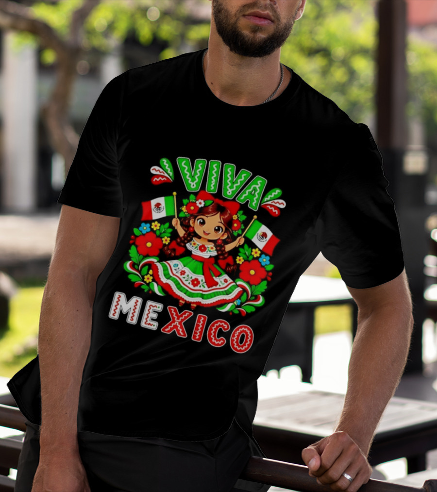 Viva Mexico Traditional Dress Girl With Flags Mexican Celebration T-Shirt