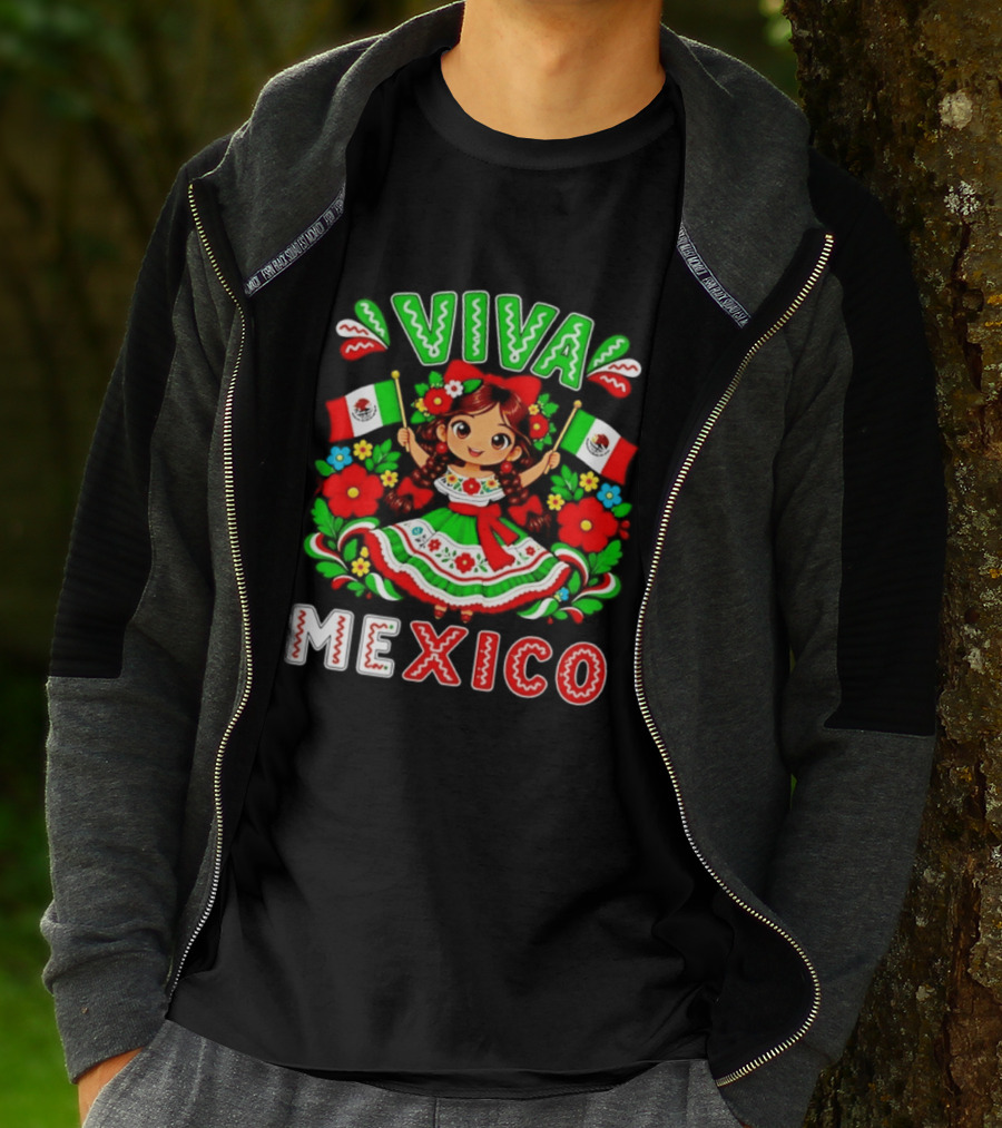 Viva Mexico Traditional Dress Girl With Flags Mexican Celebration T-Shirt