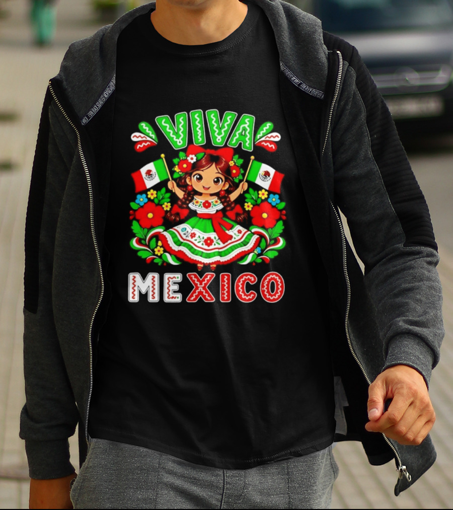 Viva Mexico Traditional Dress Girl With Flags Mexican Celebration T-Shirt