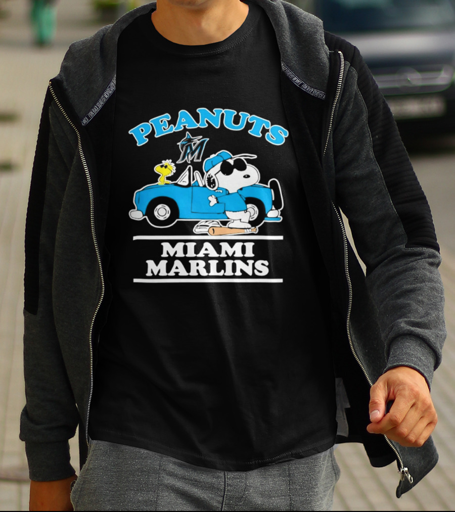 Peanuts Snoopy And Woodstock Miami Marlins Baseball Driving Adventure T-Shirt