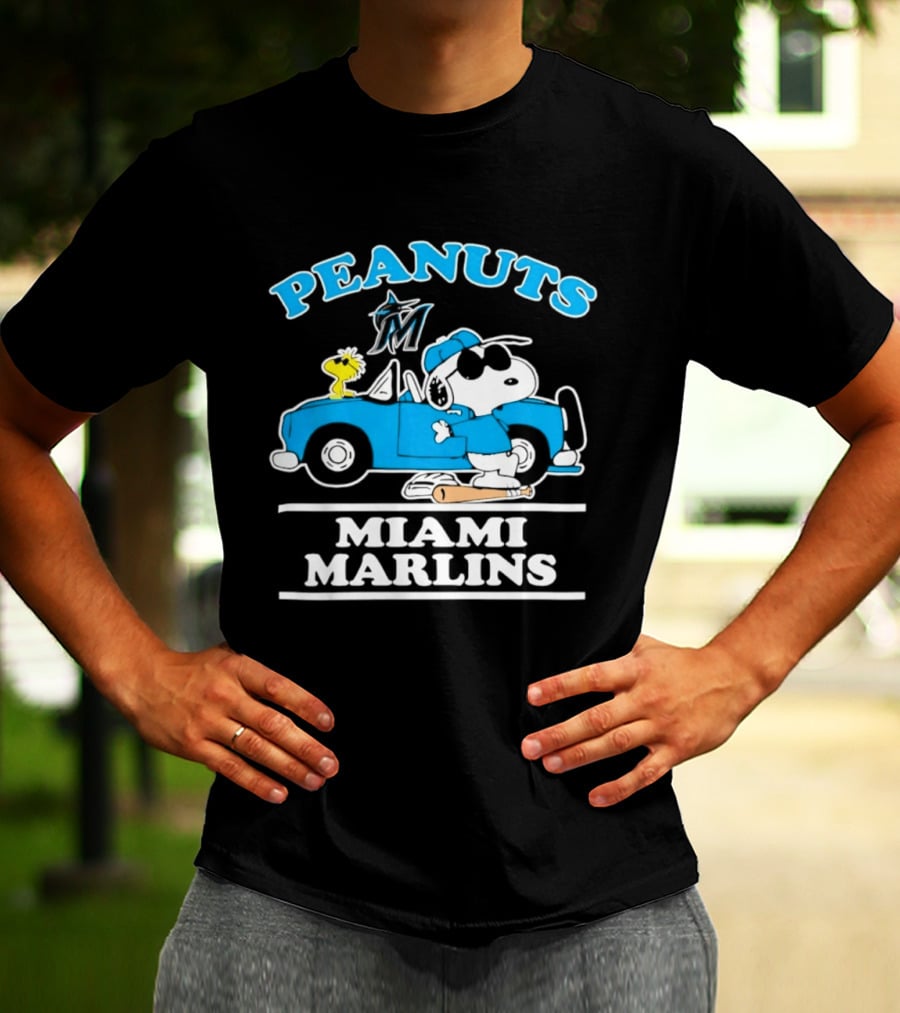 Peanuts Snoopy And Woodstock Miami Marlins Baseball Driving Adventure T-Shirt