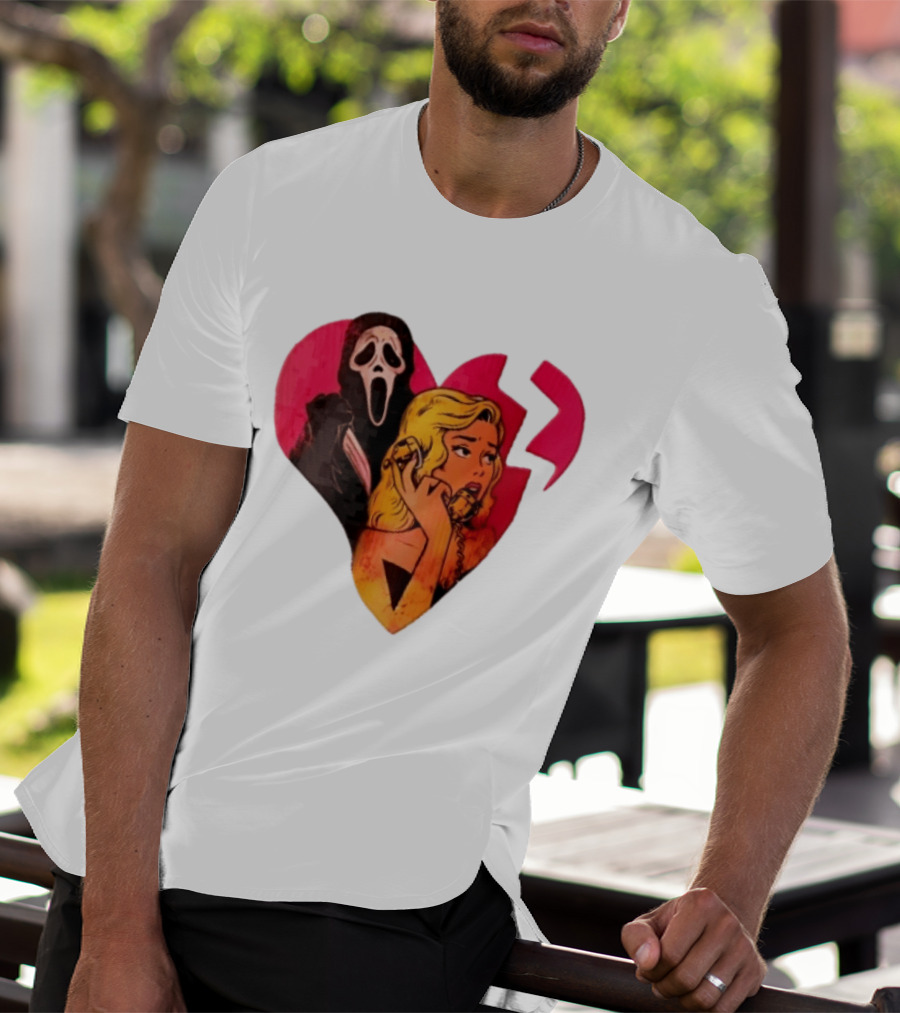 Cartoon Blonde Woman Ghostface Broken Pink Heart Knife Phone T-Shirt