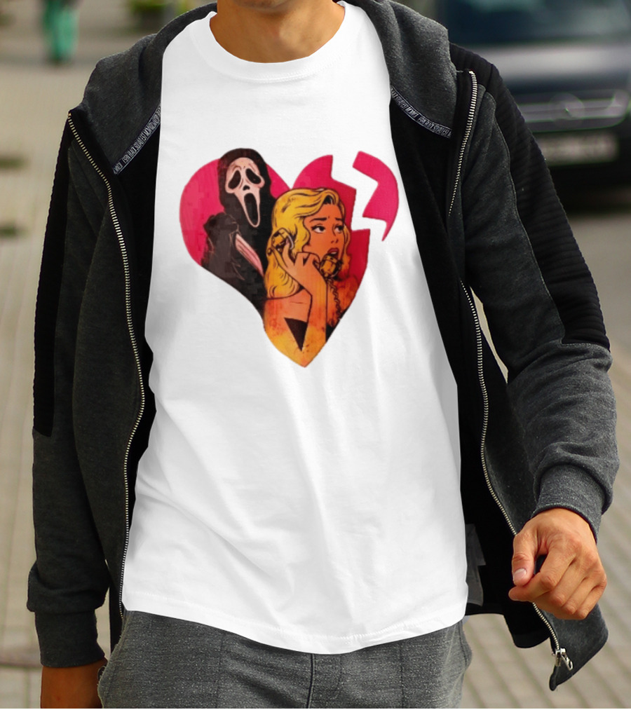 Cartoon Blonde Woman Ghostface Broken Pink Heart Knife Phone T-Shirt
