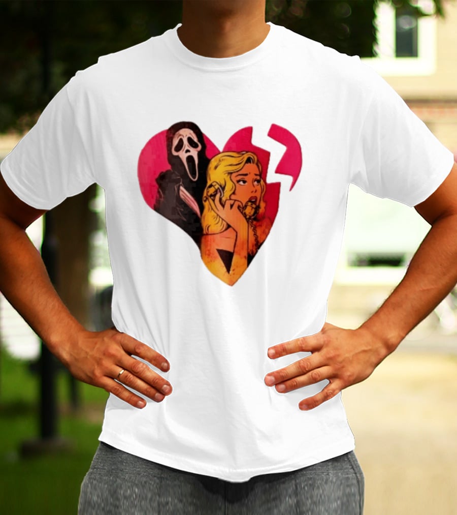 Cartoon Blonde Woman Ghostface Broken Pink Heart Knife Phone T-Shirt