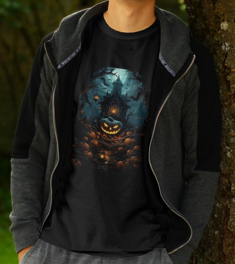 Haunted House Pumpkin Season Halloween Spooky Night Scene With Jack O' Lanterns And Bats T-Shirt
