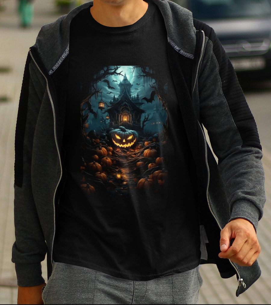 Haunted House Pumpkin Season Halloween Spooky Night Scene With Jack O' Lanterns And Bats T-Shirt