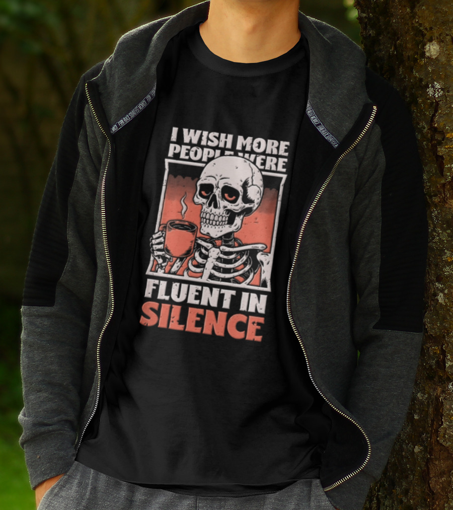 Fluent In Silence Skeleton Holding Coffee Distressed T-Shirt