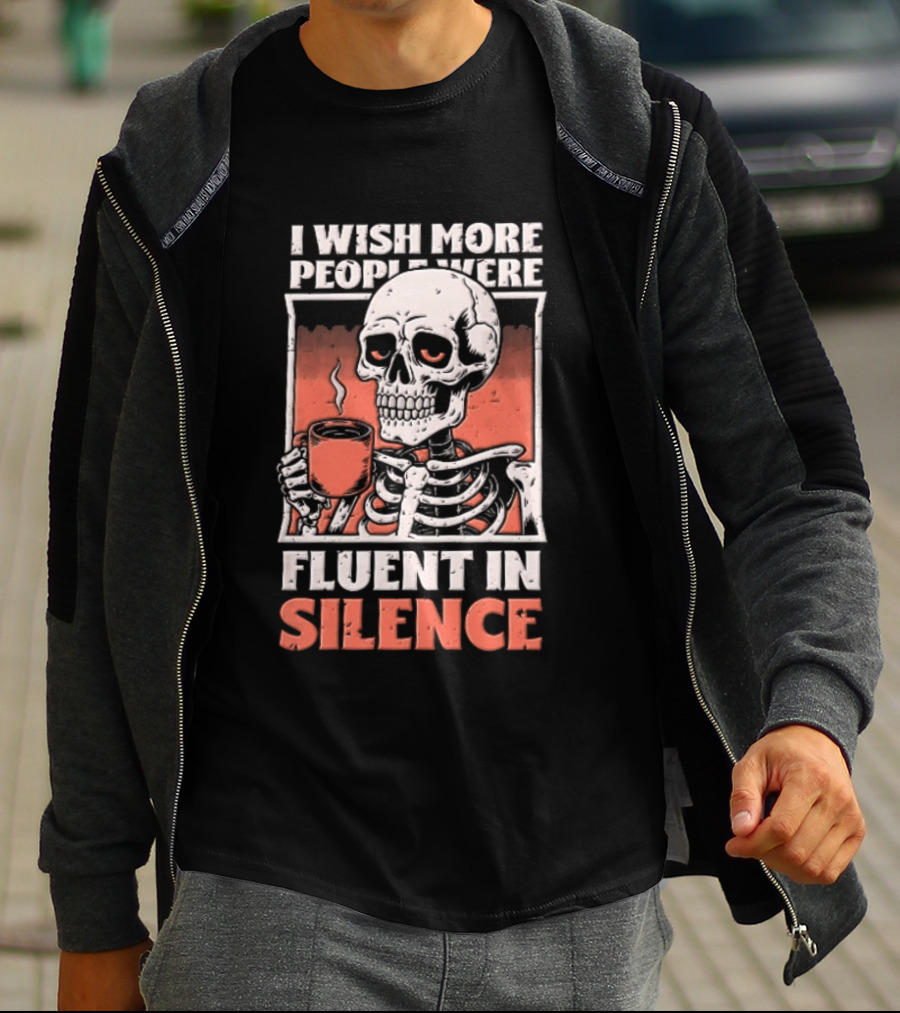 Fluent In Silence Skeleton Holding Coffee Distressed T-Shirt
