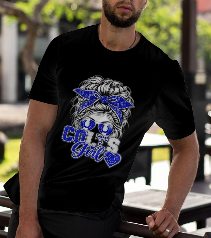 Indianapolis Colts Girl Messy Bun Blue Bandana Sunglasses Fan T-Shirt