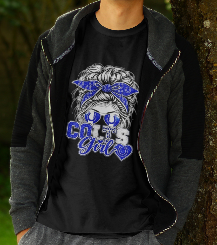 Indianapolis Colts Girl Messy Bun Blue Bandana Sunglasses Fan T-Shirt