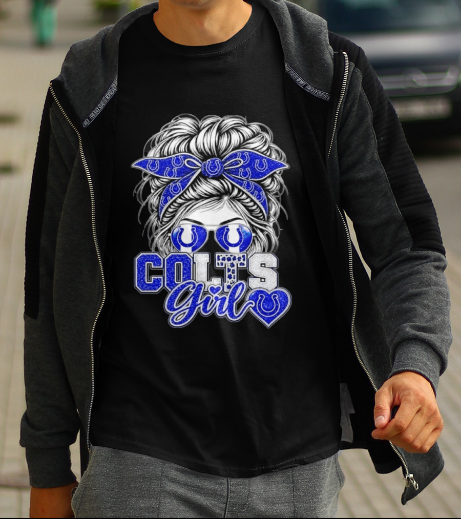 Indianapolis Colts Girl Messy Bun Blue Bandana Sunglasses Fan T-Shirt