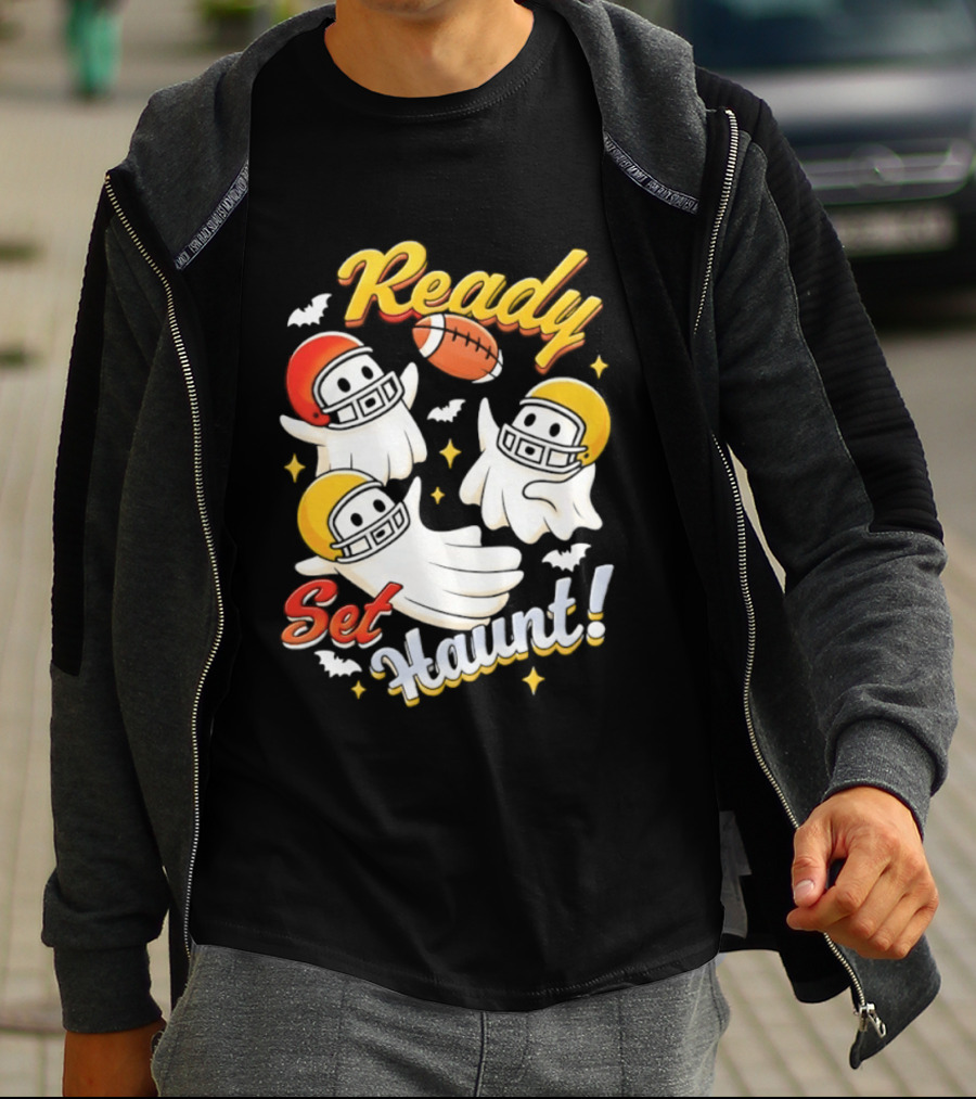 Ready Set Haunt Ghosts Football Helmet Halloween T-Shirt