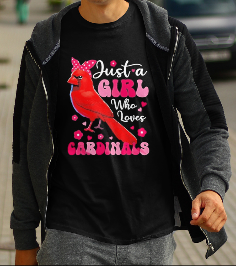 Just A Girl Who Loves Cardinals Cardinal Bird Cute Bow Pink Flowers Hearts T-Shirt