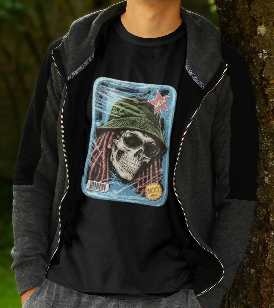 Skull With Dreadlocks Wearing Green Bucket Hat Sunglasses New Star Label T-Shirt