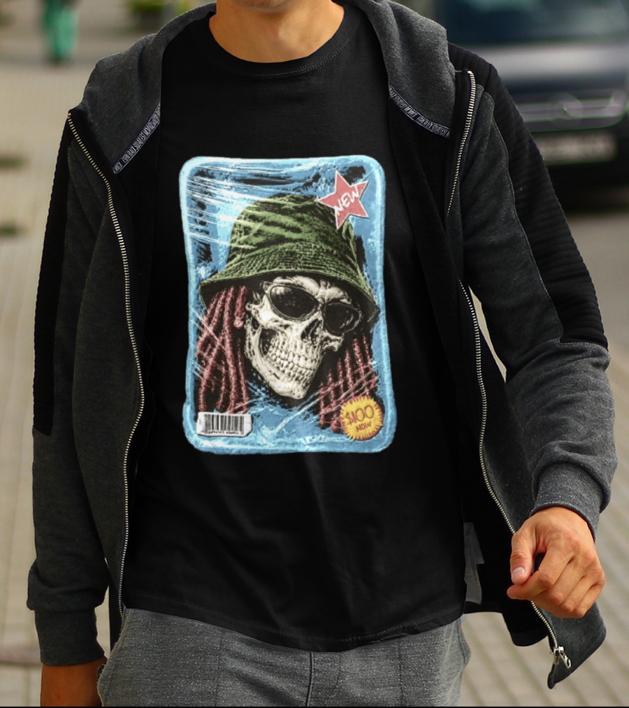 Skull With Dreadlocks Wearing Green Bucket Hat Sunglasses New Star Label T-Shirt