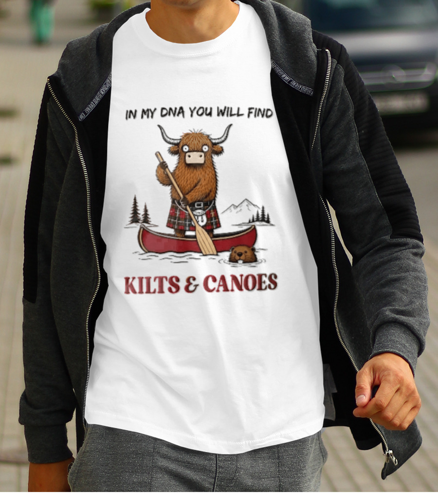 In My DNA You Will Find Kilts And Canoes Cartoon Highland Cow Paddling T-Shirt