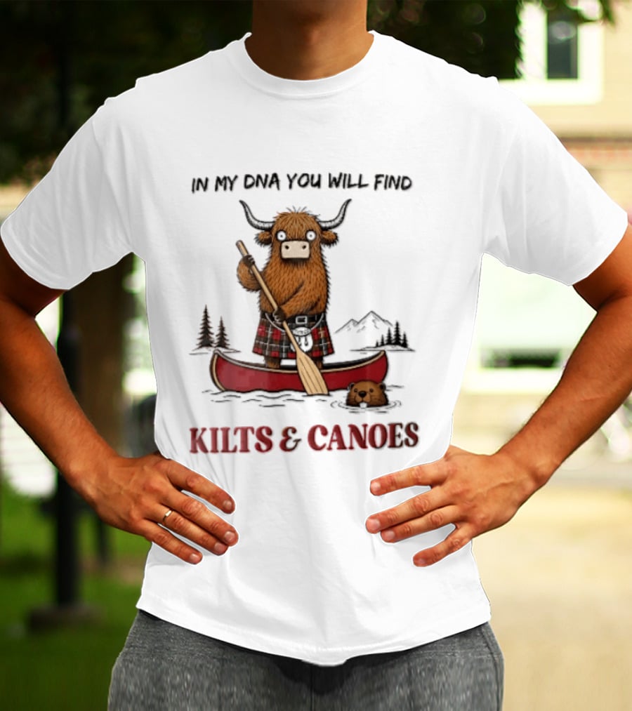 In My DNA You Will Find Kilts And Canoes Cartoon Highland Cow Paddling T-Shirt
