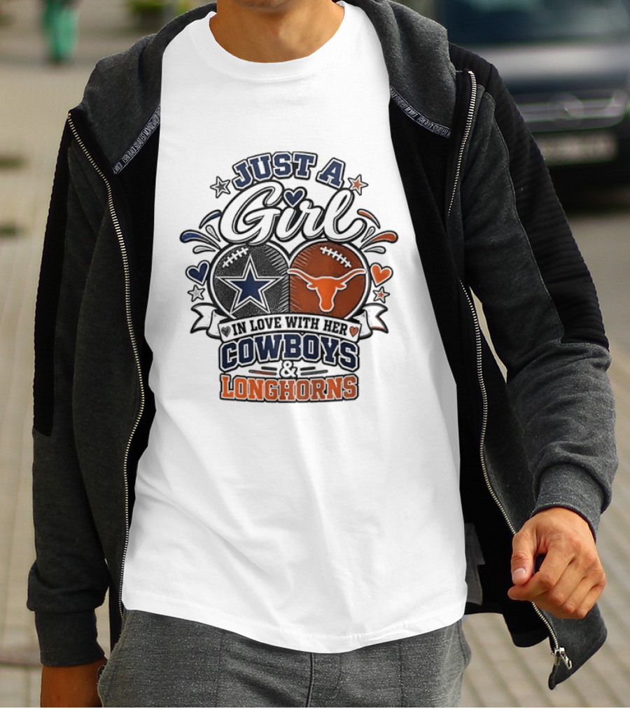 Just A Girl In Love With Her Cowboys And Longhorns Stars Hearts Footballs T-Shirt