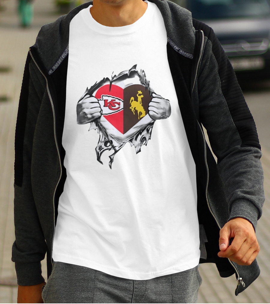 Kansas City Chiefs Wyoming Cowboys Heart Fan Pride Combination T-Shirt