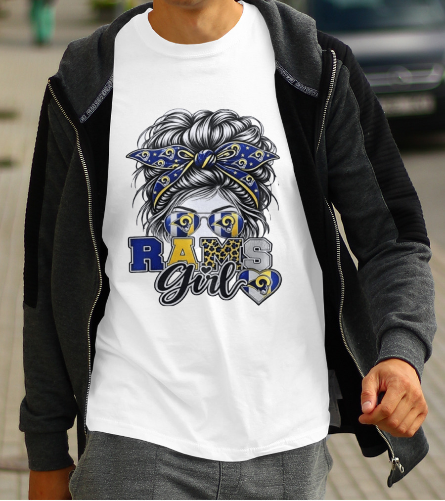 Rams Girl Messy Bun Bandana Sunglasses Fan T-Shirt
