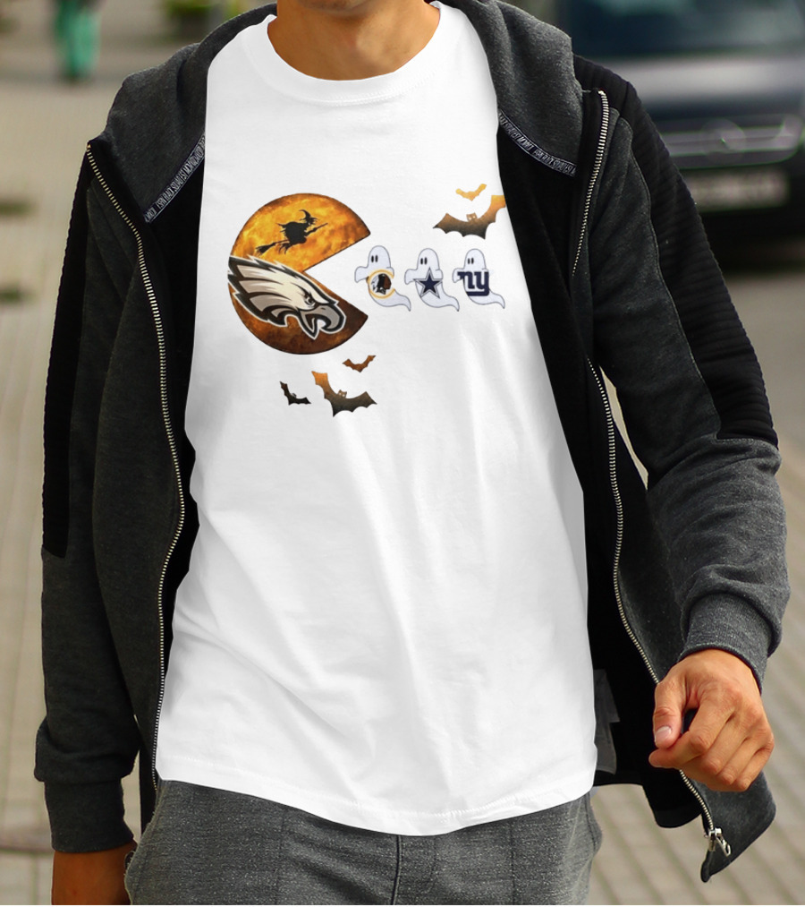 Philadelphia Eagles Pac Man Halloween Washington Commanders Cowboys Giants Ghosts T-Shirt