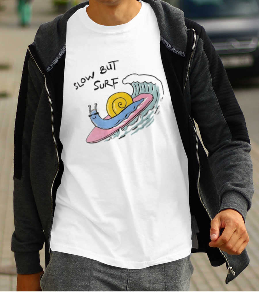 Slow But Surf Cartoon Blue Snail Riding Pink Surfboard Wave T-Shirt