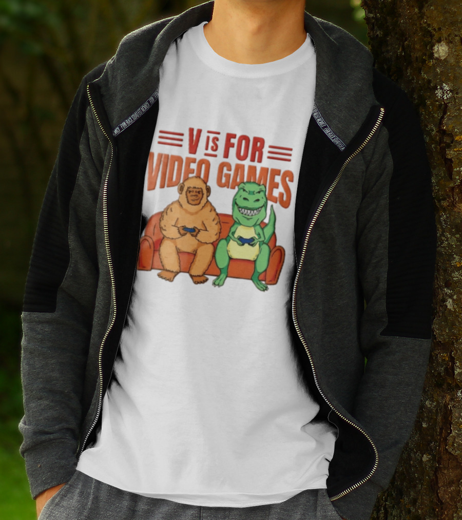 V Is For Video Games Sasquatch Dinosaur Couch Controllers Cartoon T-Shirt