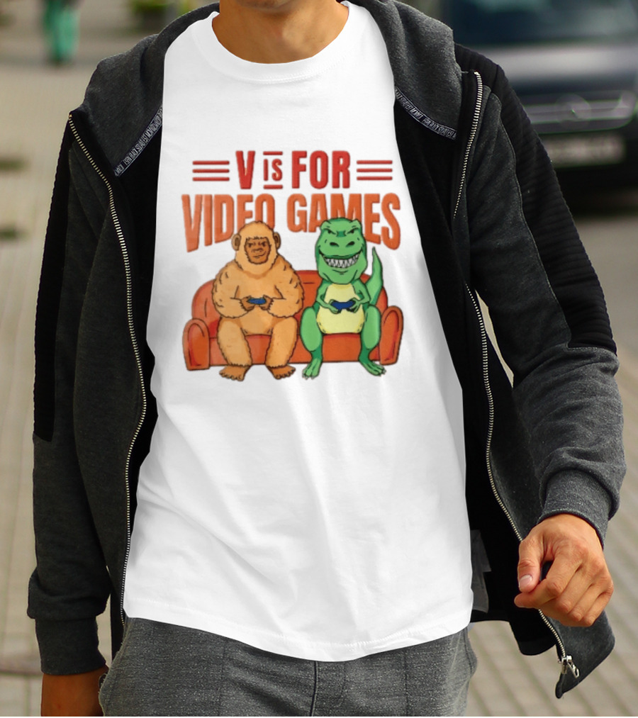 V Is For Video Games Sasquatch Dinosaur Couch Controllers Cartoon T-Shirt