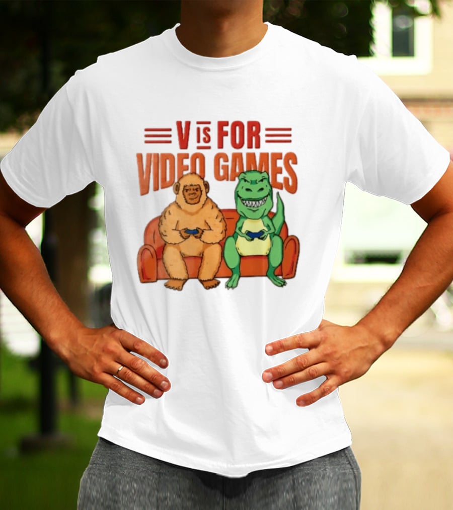 V Is For Video Games Sasquatch Dinosaur Couch Controllers Cartoon T-Shirt