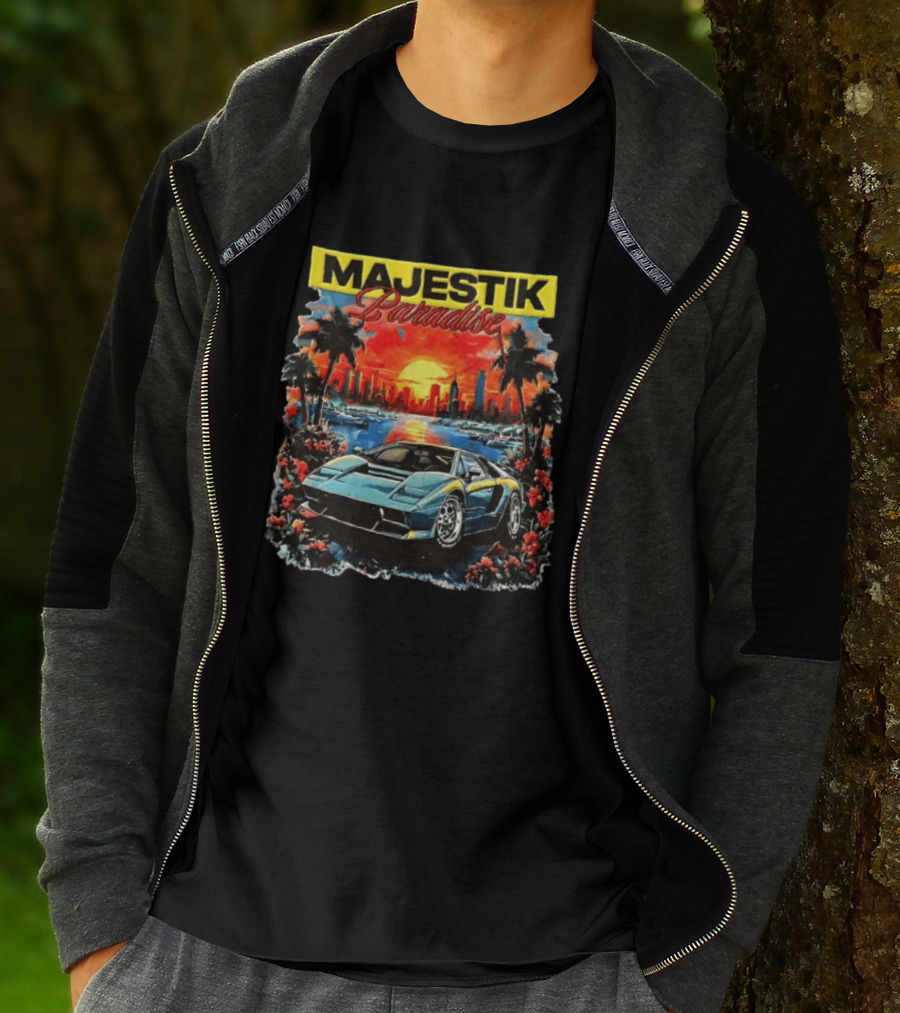 Majestik Paradise Lamborghini Countach Miami Skyline Sunset Beach City T-Shirt