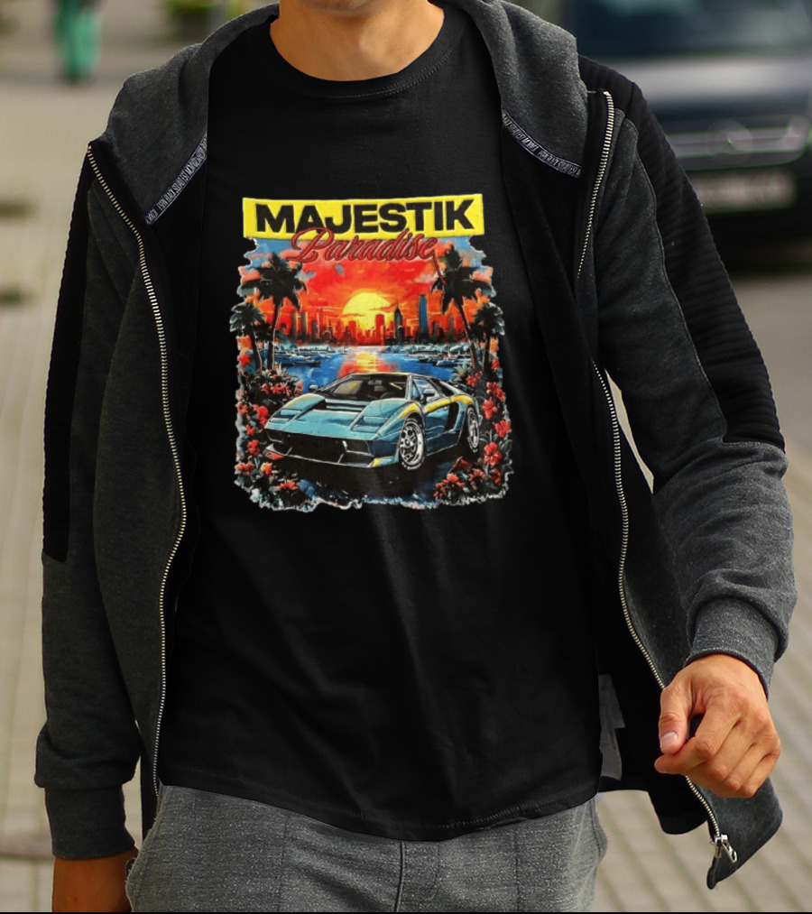Majestik Paradise Lamborghini Countach Miami Skyline Sunset Beach City T-Shirt