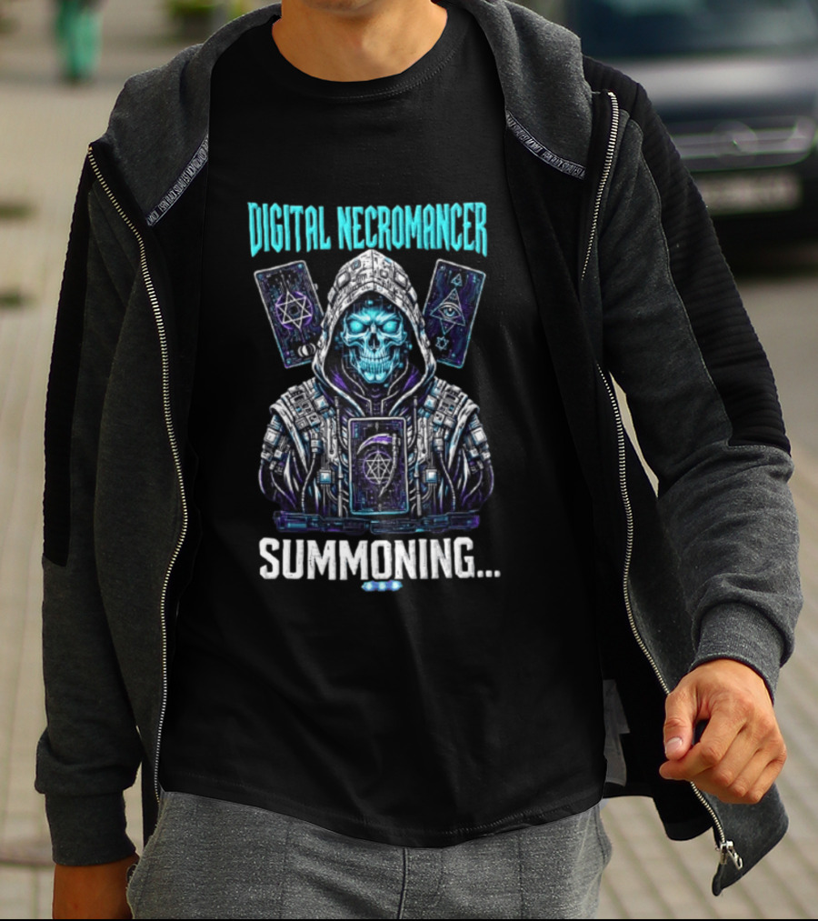 Digital Necromancer Summoning Cyber Skull Tarot Cards T-Shirt