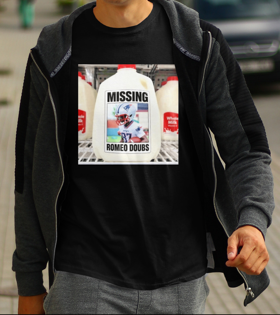 Missing Romeo Doubs Football Milk Carton With Patriots Helmet Image T-Shirt