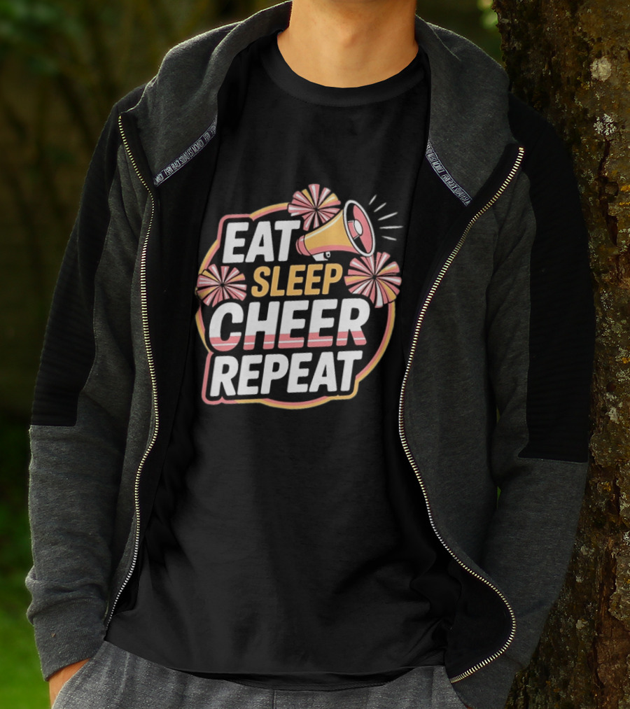 Eat Sleep Cheer Repeat Megaphone Pom Poms Cheerleading T-Shirt