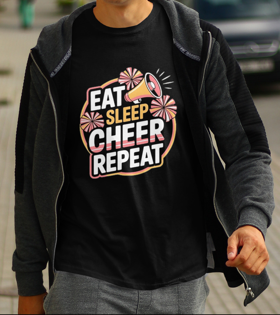 Eat Sleep Cheer Repeat Megaphone Pom Poms Cheerleading T-Shirt