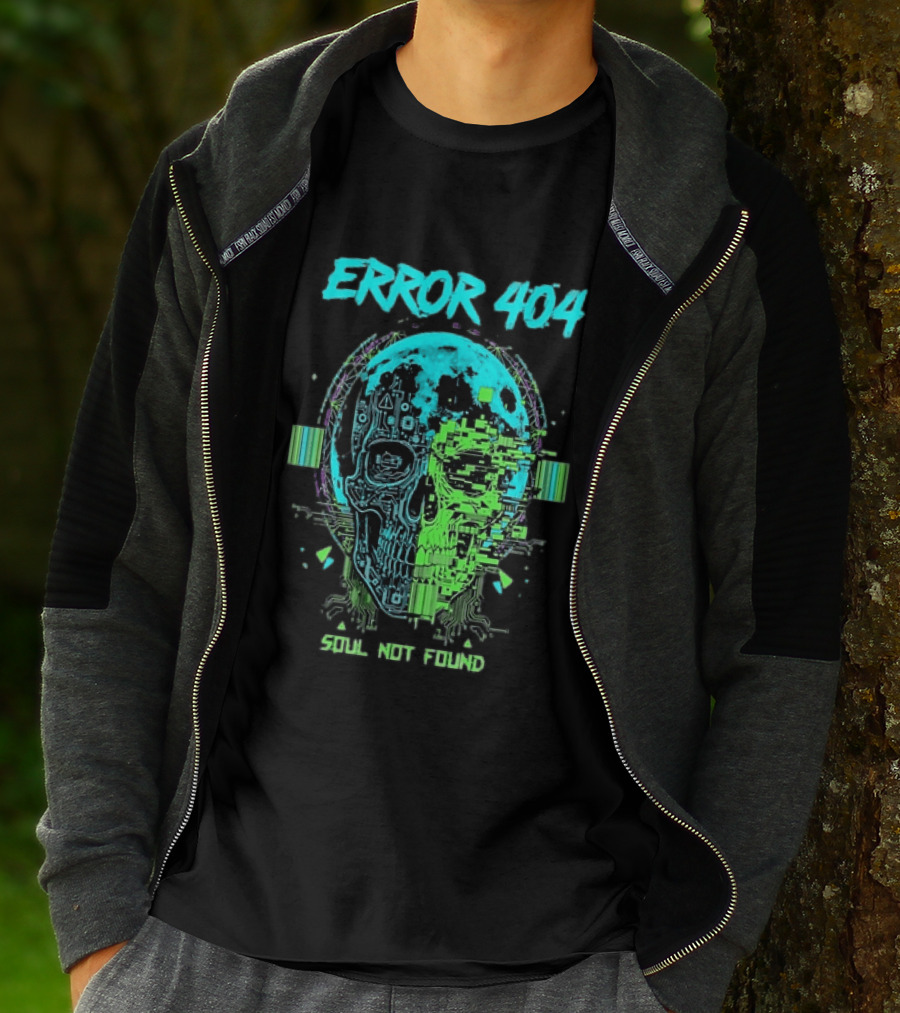 Error 404 Soul Not Found Cyber Skull Glitch Retro Tech Aesthetic T-Shirt
