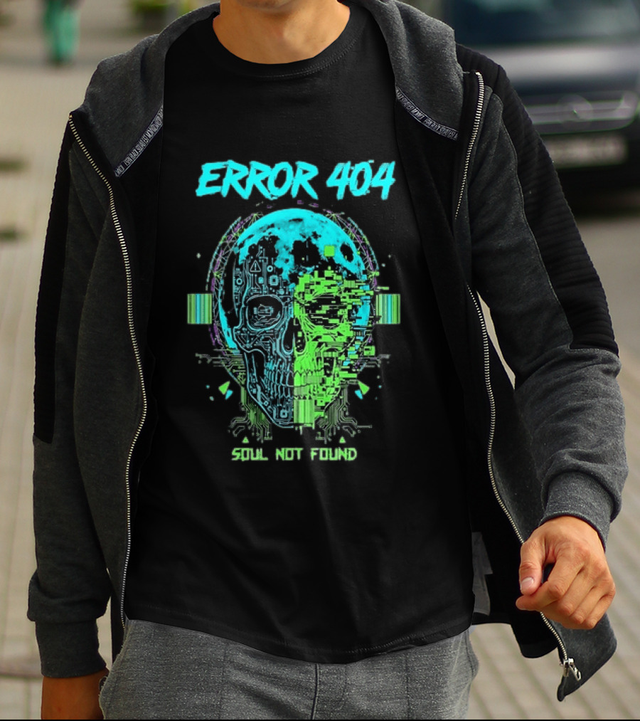 Error 404 Soul Not Found Cyber Skull Glitch Retro Tech Aesthetic T-Shirt
