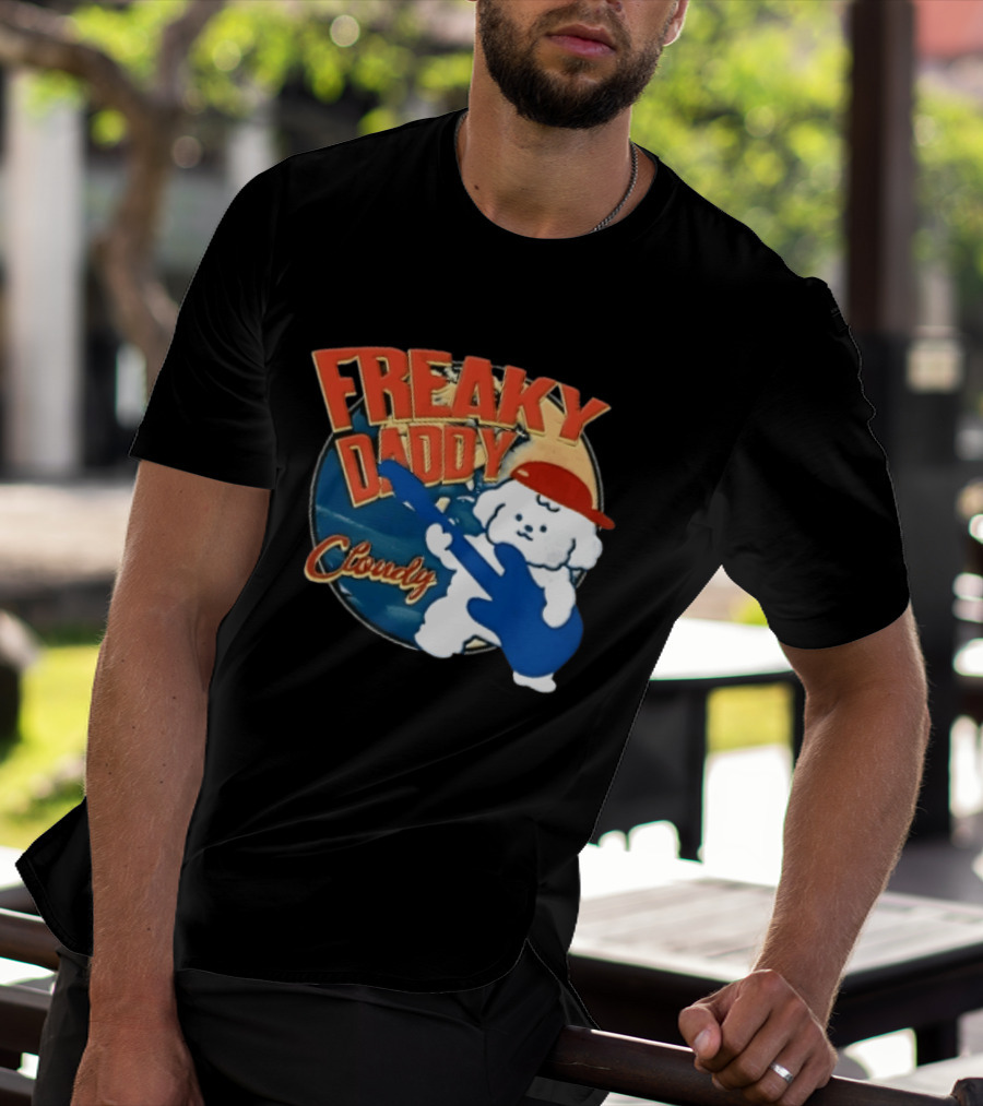 Freaky Daddy Cloudy Cartoon Dog Red Cap Playing Guitar T-Shirt
