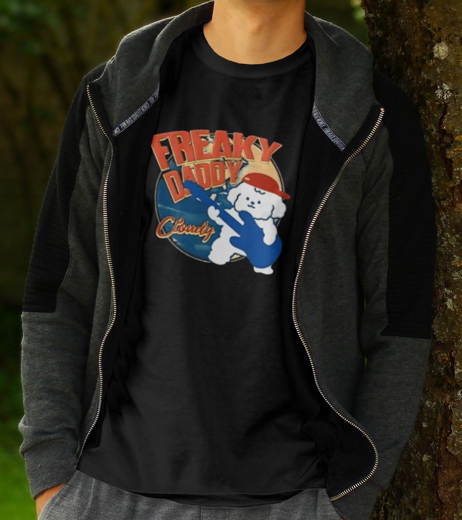 Freaky Daddy Cloudy Cartoon Dog Red Cap Playing Guitar T-Shirt