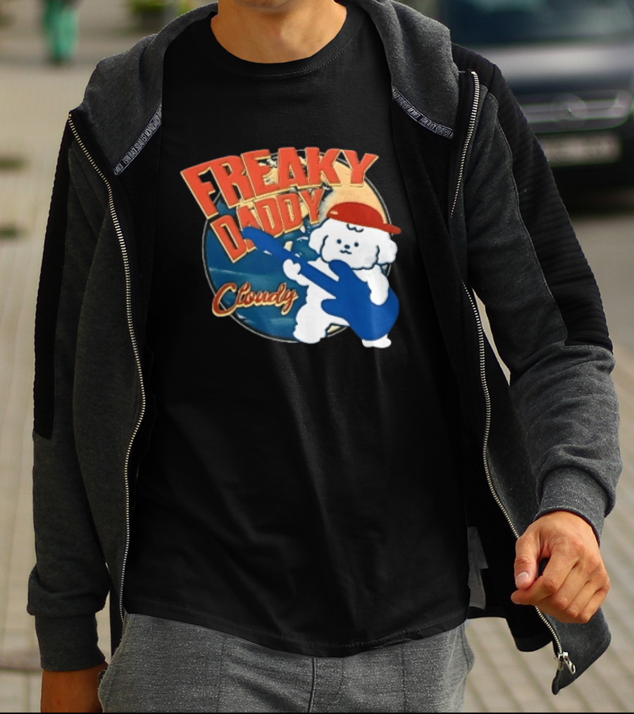 Freaky Daddy Cloudy Cartoon Dog Red Cap Playing Guitar T-Shirt