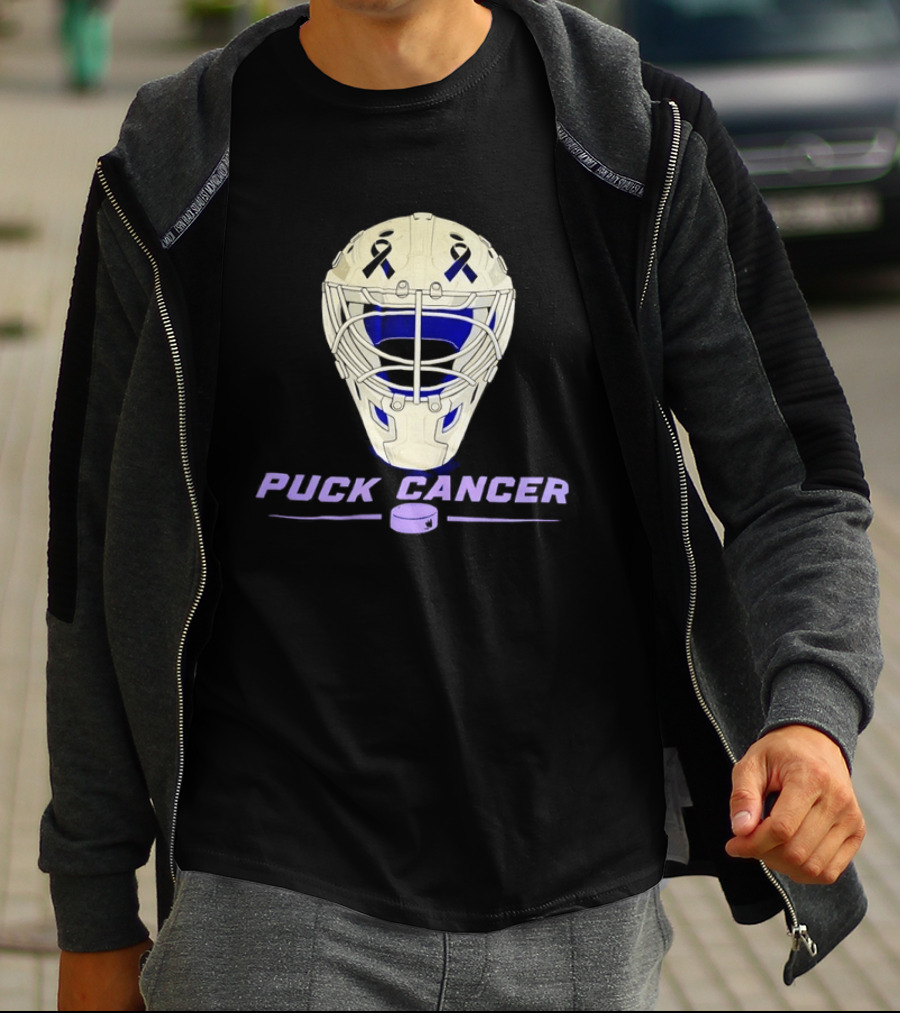 Puck Cancer Hockey Goalie Mask Awareness Purple Ribbon T-Shirt