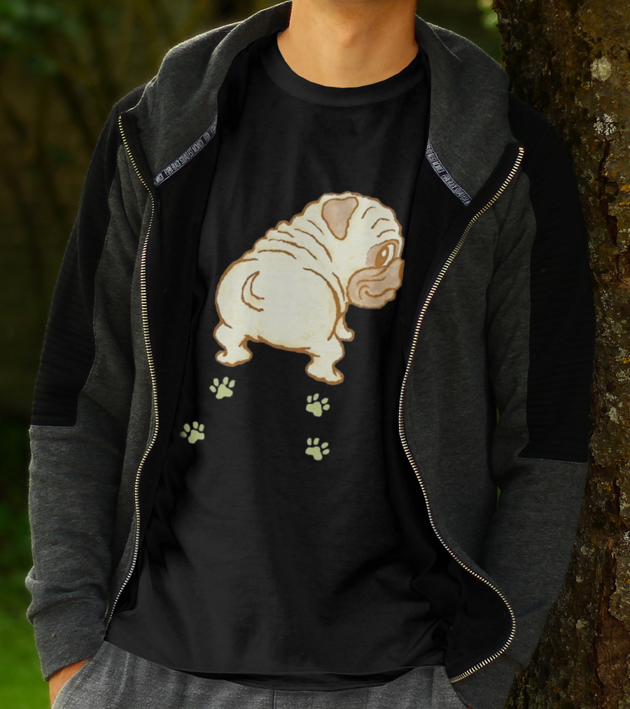 Pug Looking Back With Paw Prints Dog Cute Canine T-Shirt