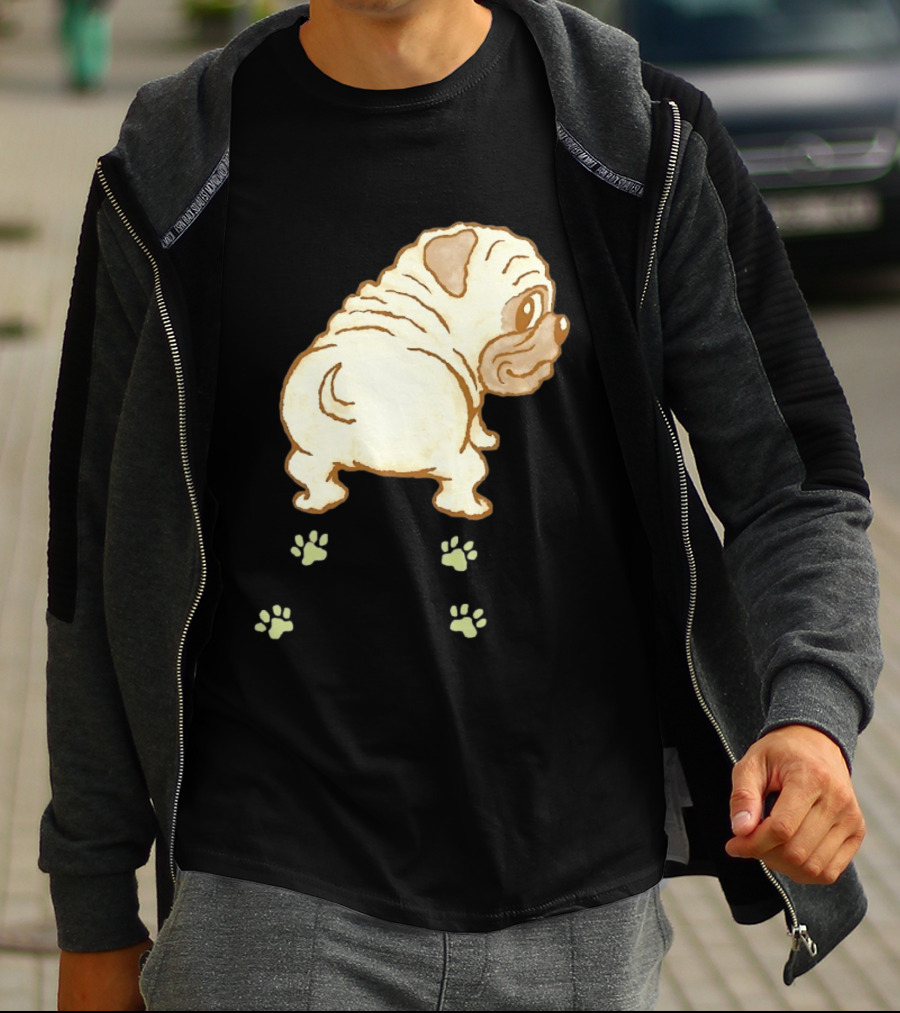 Pug Looking Back With Paw Prints Dog Cute Canine T-Shirt