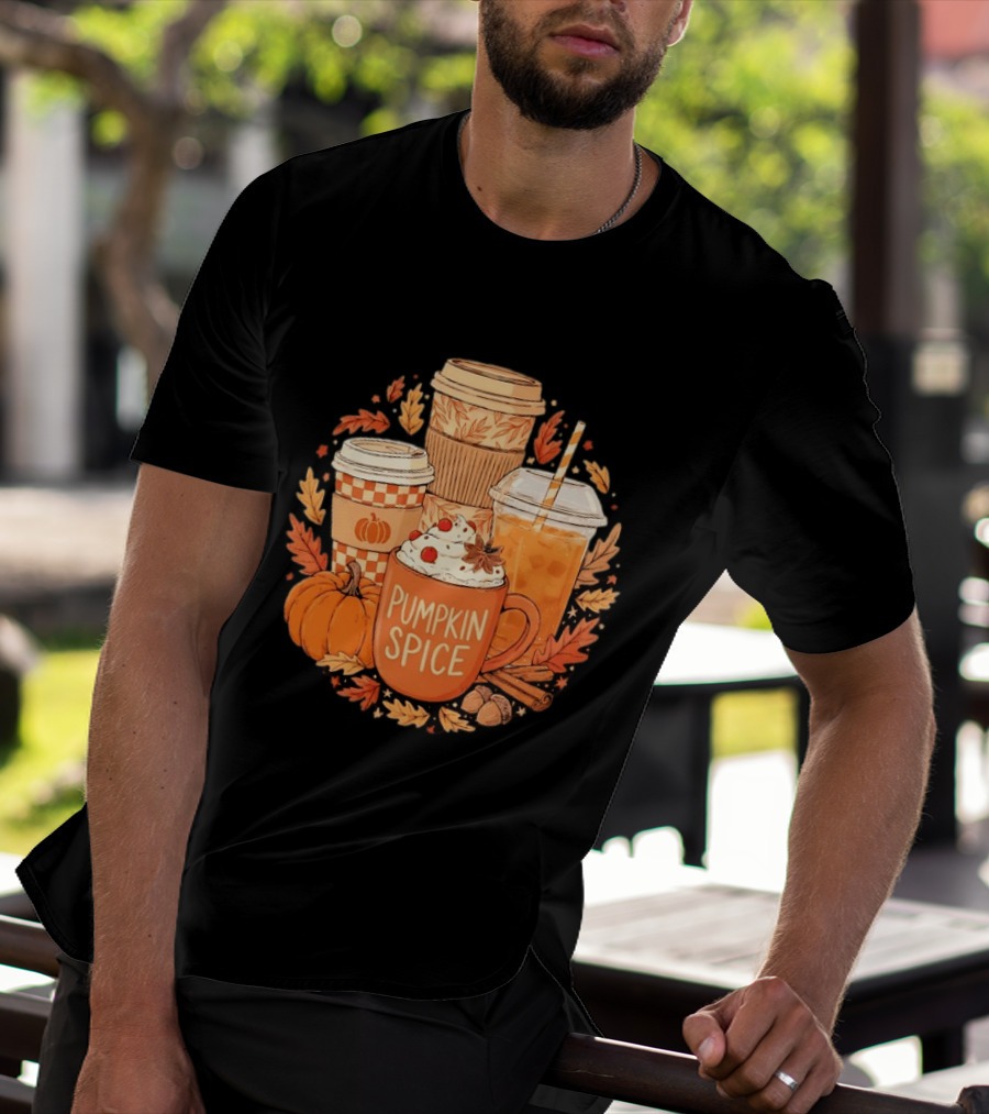 Pumpkin Spice Fall Coffee Drinks Autumn Leaves Acorns Cinnamon Sticks T-Shirt