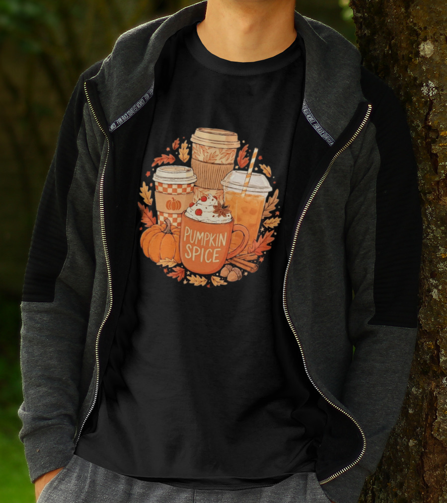 Pumpkin Spice Fall Coffee Drinks Autumn Leaves Acorns Cinnamon Sticks T-Shirt