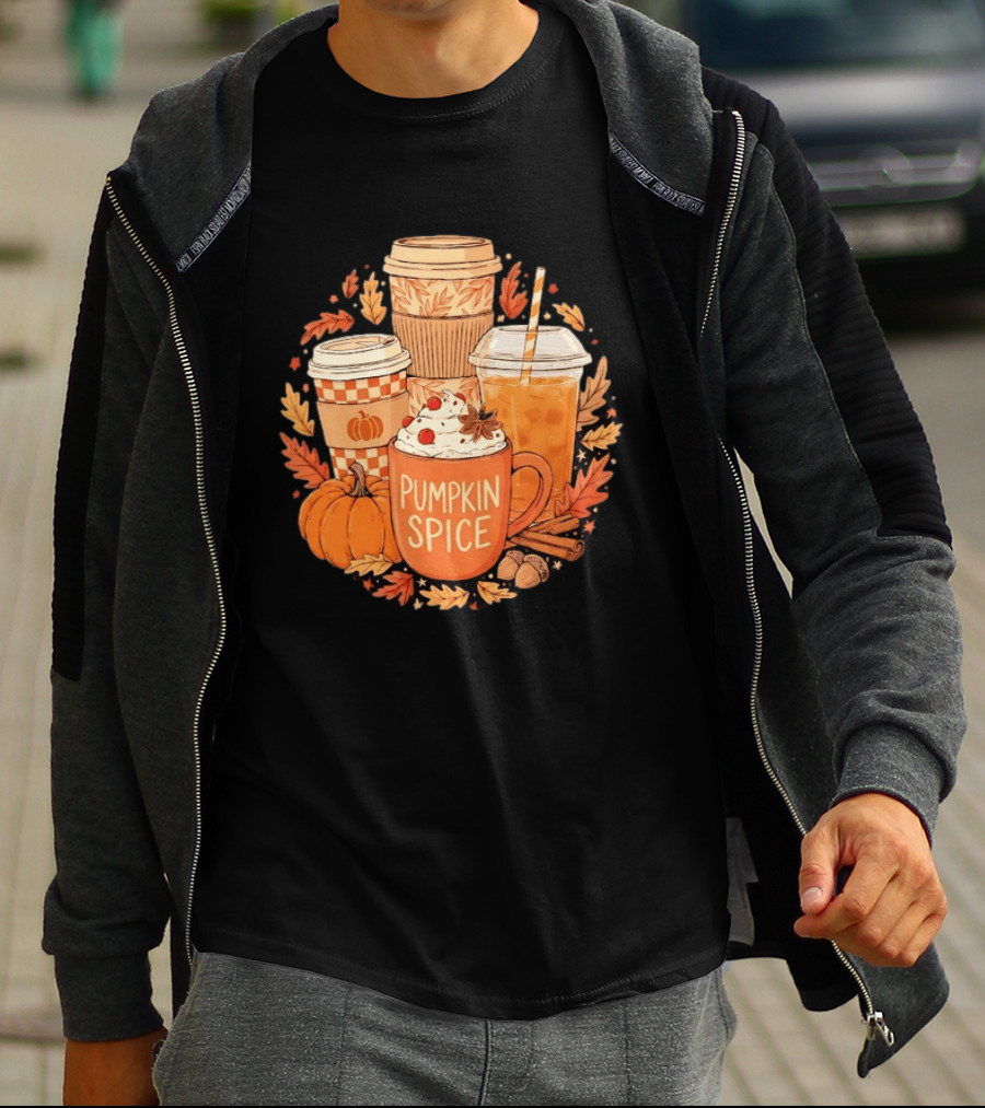 Pumpkin Spice Fall Coffee Drinks Autumn Leaves Acorns Cinnamon Sticks T-Shirt