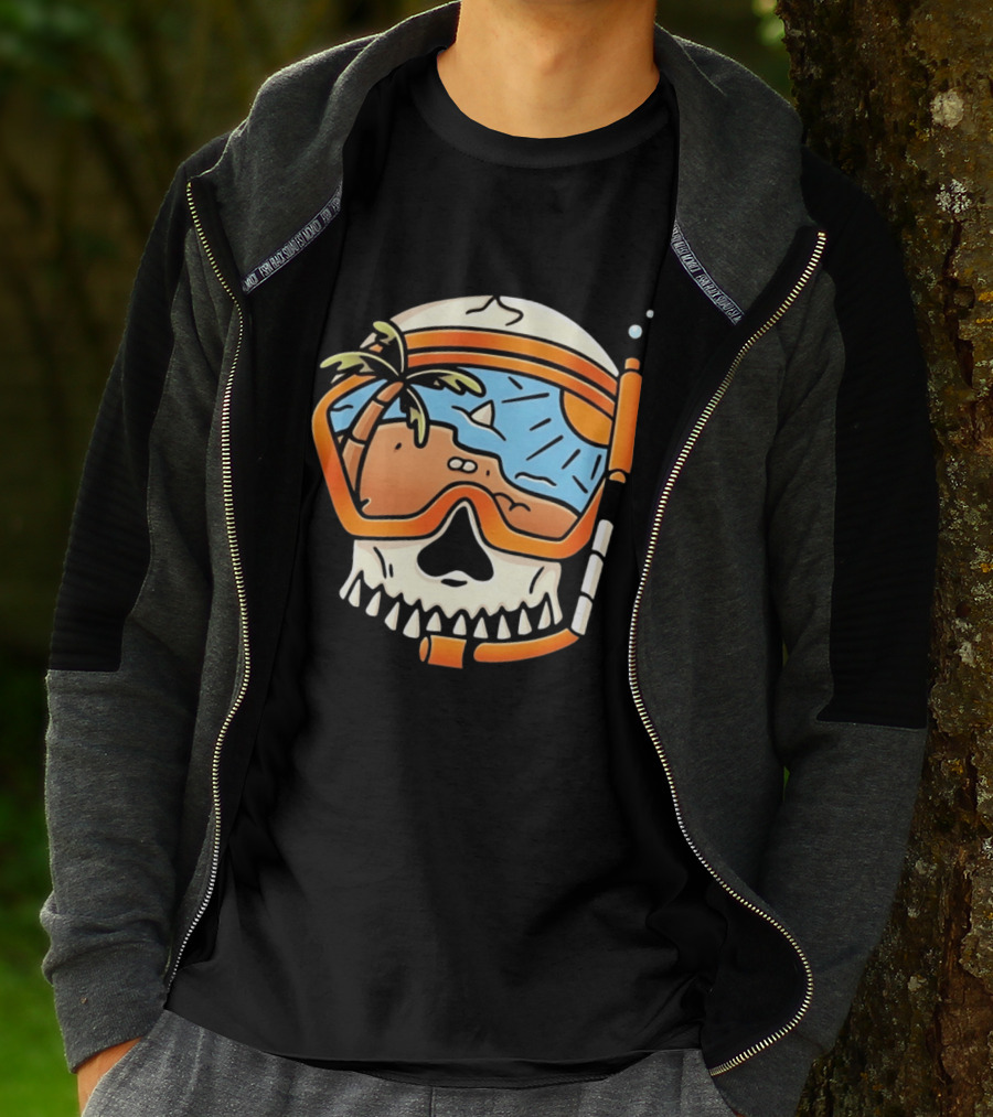 Skull Wearing Snorkel Mask With Tropical Beach Scene Palm Tree Sun T-Shirt