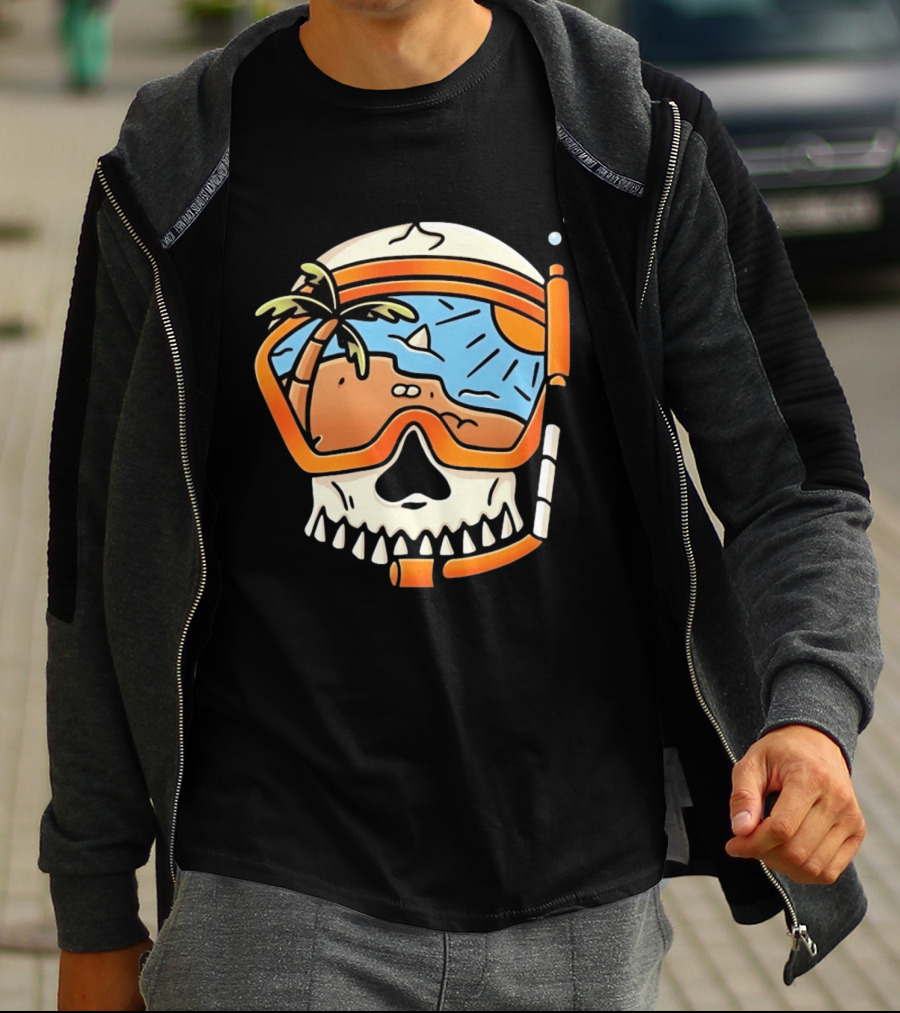 Skull Wearing Snorkel Mask With Tropical Beach Scene Palm Tree Sun T-Shirt