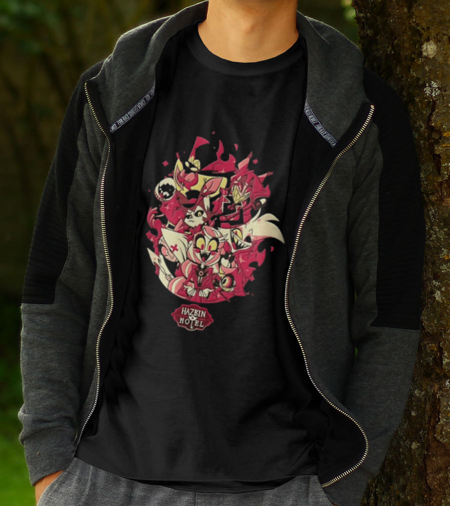 Hazbin Hotel Demon Characters Group Red Sparkles Cartoon Alastor Angel Dust Charlie Vaggie T-Shirt