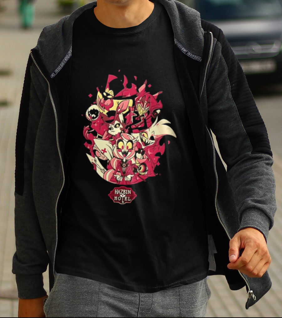 Hazbin Hotel Demon Characters Group Red Sparkles Cartoon Alastor Angel Dust Charlie Vaggie T-Shirt